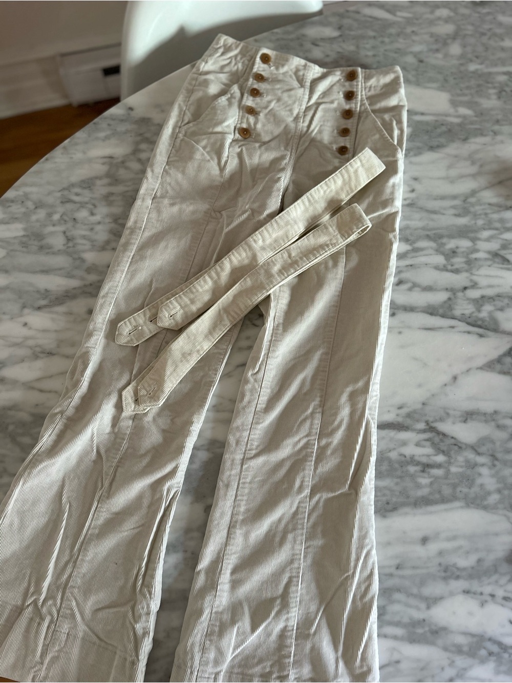High-Waist Button Front Cream Sailor Pants with Removable suspender size 2